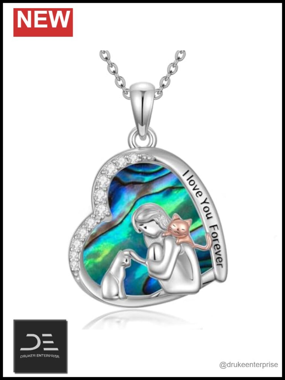 925 Sterling Silver Cat Heart Pendant Necklace Women Gift